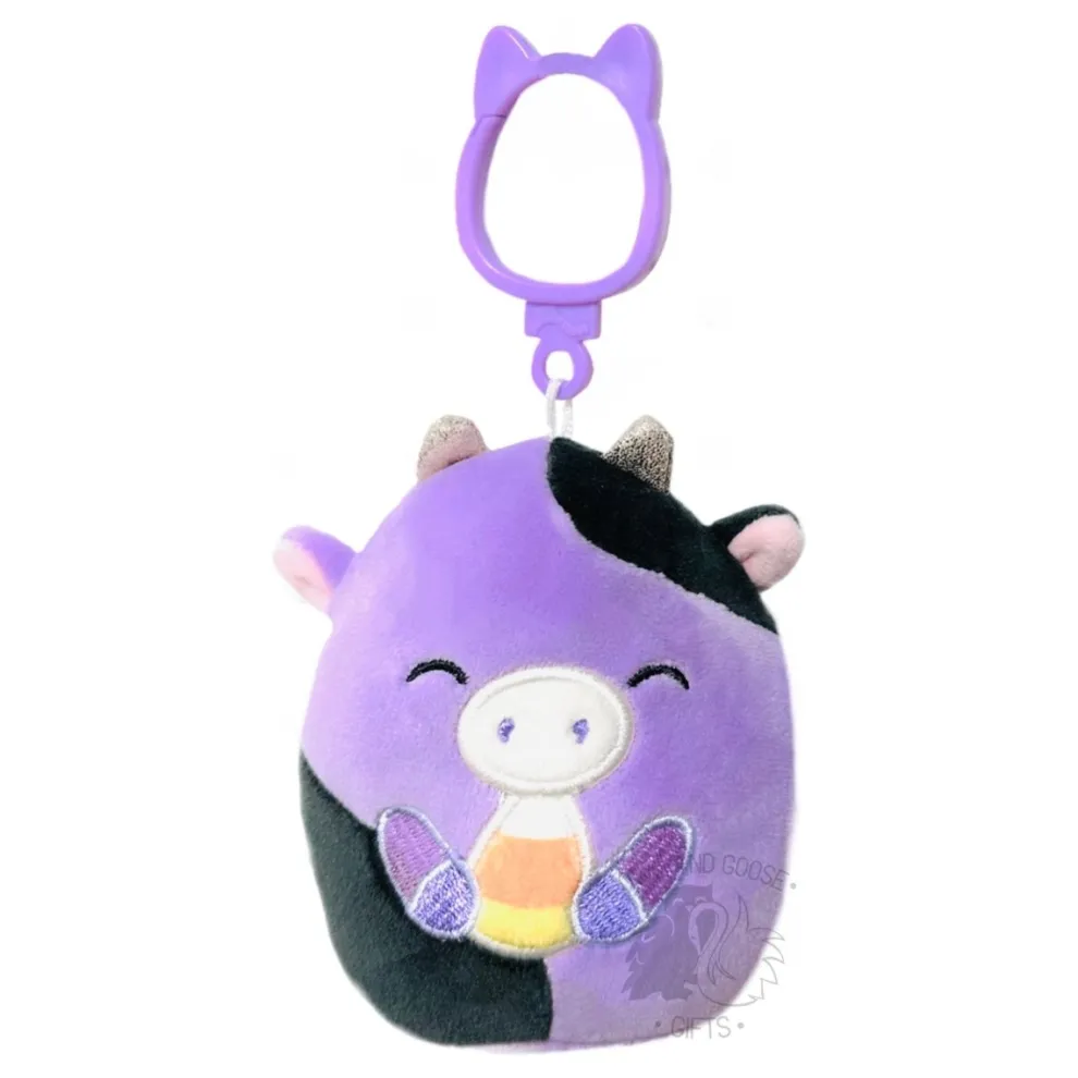 Squishmallow 3.5 Inch Alexie the Cow with Candy Corn Halloween Plush Clip - Owl & Goose Gifts